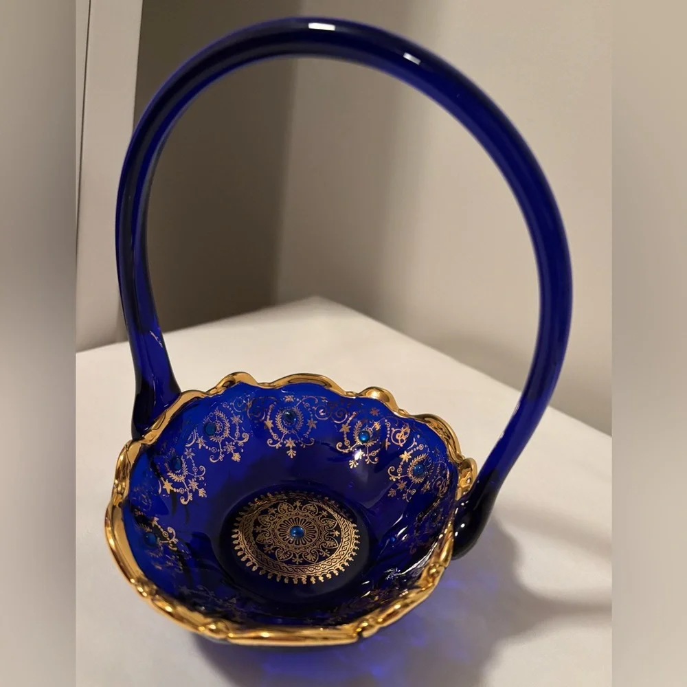 Gorgeous 1960’s Cobalt Blue Glass Basket w/Gold Gilded Decor&Cobalt Blue Beading